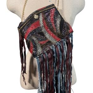 MAME Bespoke Boho‎ Beaded Fringe Bag Reclaimed Denim Art wear firm